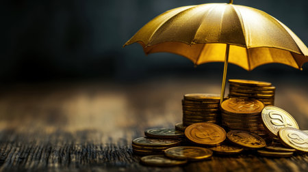 A golden umbrella stands protectively over a stack of shiny coins, symbolizing financial security and wealth management concepts. Perfect for finance-related themes.の素材