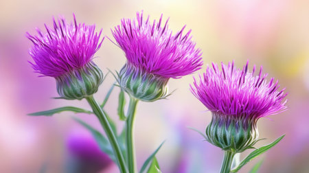 Beautiful close-up of vibrant purple thistle flowers in bloom against a soft-focus background, highlighting the delicate petals and natural beauty of summer.の素材