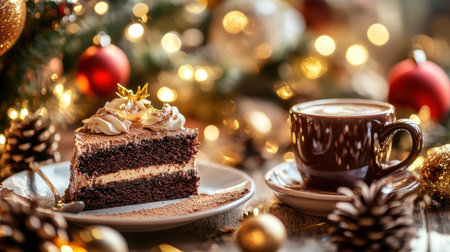 A beautifully arranged slice of chocolate cake sits on a plate next to a warm cup of coffee, surrounded by festive holiday decorations and soft lights, creating a cozy atmosphere for enjoyable winter moments.の素材