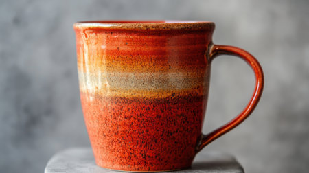 A beautiful ceramic mug featuring a stunning color gradient with rich orange hues. Perfect for coffee or tea, it adds warmth to any kitchen.の素材