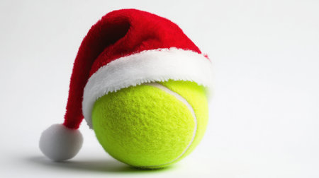 A vibrant green tennis ball adorned with a cheerful Santa hat, perfect for adding a playful touch to holiday sports themes. Ideal for festive promotions.の素材