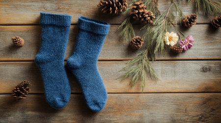 A pair of cozy blue socks rests on a rustic wooden surface, surrounded by pinecones and delicate flowers, evoking a warm and inviting atmosphere.の素材