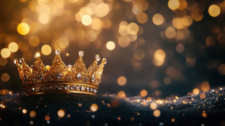 A stunning golden crown rests elegantly on a glittering surface, surrounded by vibrant bokeh lights. This image captures luxury and celebration, perfect for conveying royalty and elegance.の素材