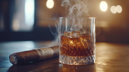 A refined scene featuring a glass of whiskey with ice cubes and a cigar, set against a warm, inviting bar atmosphere. Ideal for conveying luxury and relaxation.の素材