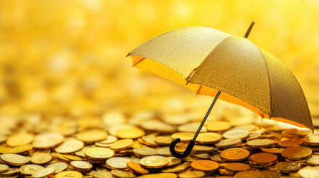 A golden umbrella provides a unique visual metaphor for financial protection against monetary challenges, set against a backdrop of shimmering coins.の素材