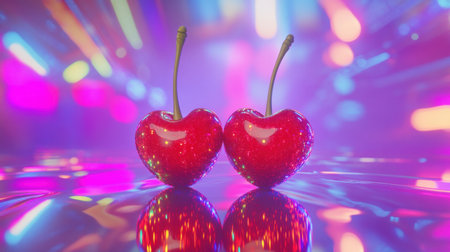 This image showcases two sparkling red cherries reflecting on a smooth surface against a vibrant, colorful bokeh background. Perfect for themes of joy and freshness.の素材