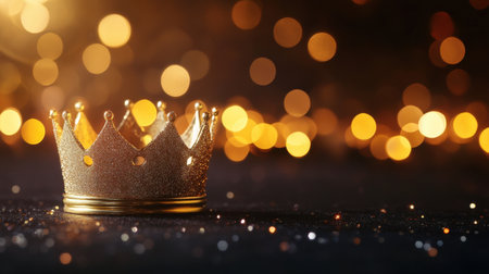 A stunning golden crown rests elegantly on a sparkling surface, surrounded by warm bokeh lights. This image captures luxury and celebration, perfect for festive themes.の素材