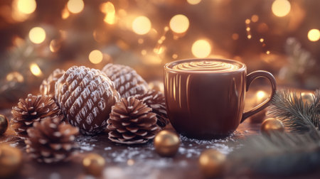 A warm cup of coffee surrounded by pine cones and golden ornaments, evoking a cozy winter atmosphere perfect for holiday decorations and gatherings.の素材