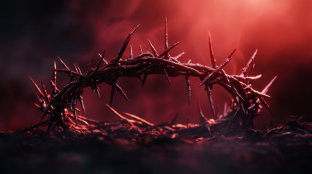 A striking image of a crown of thorns encircled in shadows and red light, representing suffering, sacrifice, and spiritual devotion. Ideal for thematic art.の素材