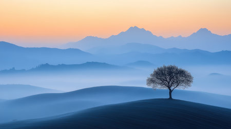 A breathtaking landscape featuring a lone tree atop a rolling hill, surrounded by misty mountains at sunrise, creating a tranquil atmosphere perfect for relaxation and inspiration.の素材