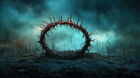 A striking image of a thorn crown set against a dark, moody background, evoking themes of spirituality and resilience amidst a barren landscape with distant crosses.の素材