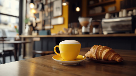 A vibrant yellow coffee cup with foam sits next to a fresh croissant on a wooden table. The cozy cafe setting invites relaxation and enjoyment of breakfast delights.の素材