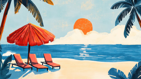 Captivating beach scene featuring a red umbrella and loungers at sunset. The vibrant sun sets over gentle ocean waves, creating a serene vacation atmosphere.の素材