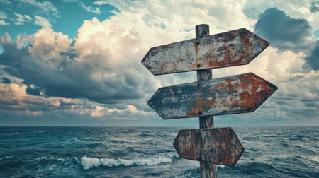 A weathered wooden signpost stands tall against a backdrop of a turbulent ocean and dramatic clouds, symbolizing adventure and choice in nature.の素材