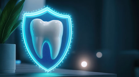 A digital illustration of a tooth icon encased in a glowing blue shield, symbolizing dental protection and health. Ideal for healthcare or dental services.の素材