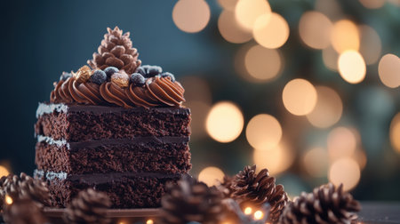 A beautifully decorated chocolate cake topped with creamy frosting and pine cones set against vibrant bokeh lights, perfect for festive occasions.の素材