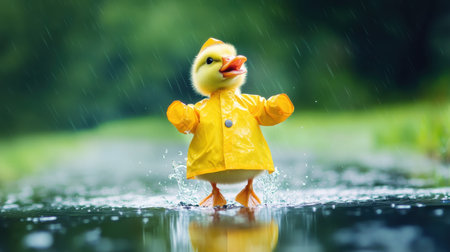 A charming duckling wearing a yellow raincoat joyfully splashes in a puddle during a light rain. This playful scene captures the essence of childhood fun and nature.の素材