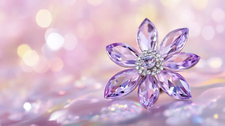 This elegant flower brooch showcases stunning purple petals adorned with sparkling crystals, set against a dreamy soft background, embodying luxury and beauty.の素材
