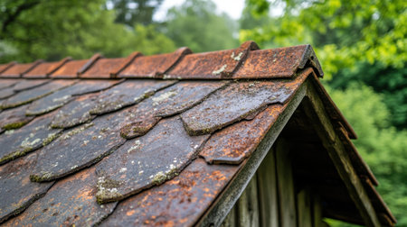 A detailed view of a rustic roof featuring weathered tiles, surrounded by lush greenery. This image captures the beauty of aged architecture in a serene outdoor setting.の素材