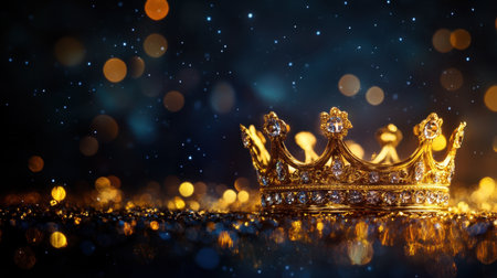 A stunning golden crown adorned with sparkling gems, set against a dreamy bokeh background. This image captures elegance and luxury, perfect for celebrations.の素材