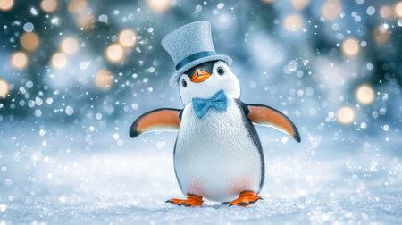 A delightful penguin wearing a stylish top hat and bow tie stands joyfully in a snowy landscape, surrounded by falling snowflakes and soft ambient light.の素材