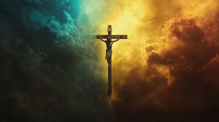 A stunning spiritual image featuring a cross surrounded by vibrant clouds, symbolizing hope and faith, invoking deep emotions and contemplation.の素材