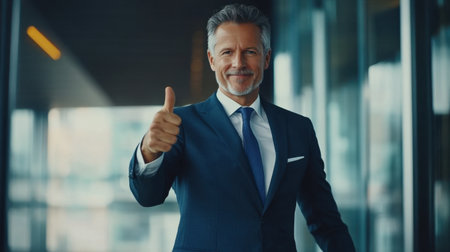 A confident businessman stands in an office environment, giving a thumbs up gesture. His cheerful expression conveys positivity and success, perfect for motivational themes.の素材