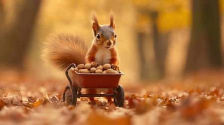 A charming squirrel pushes a tiny wheelbarrow filled with nuts amidst a warm autumn landscape, showcasing the playful spirit of wildlife in a colorful forest.の素材