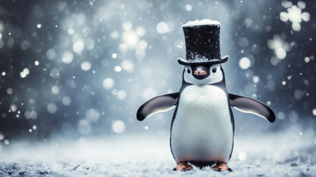 This delightful image features a penguin wearing a stylish top hat, playfully standing in a snowy landscape filled with gently falling snowflakes.の素材