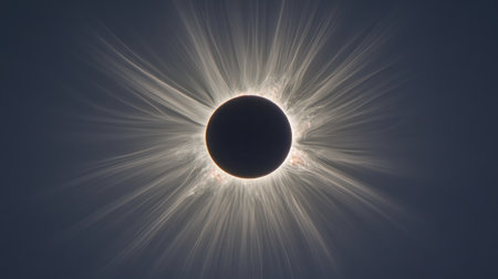 Experience the breathtaking beauty of a solar eclipse, showcasing the dark moon against the radiant solar corona, creating a spectacular cosmic event in the sky.の素材