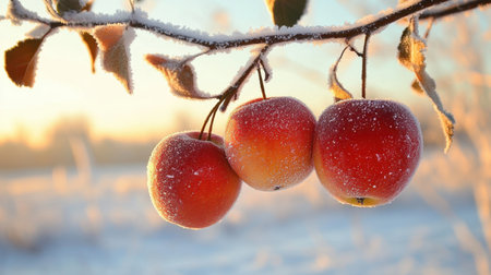 Three frosted red apples hang from a delicate branch in a serene winter landscape, glistening in the soft morning light, showcasing nature's beauty and tranquility.の素材