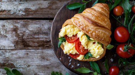 A beautiful croissant stuffed with fluffy scrambled eggs and juicy cherry tomatoes, garnished with fresh herbs, perfect for a healthy breakfast or brunch.の素材