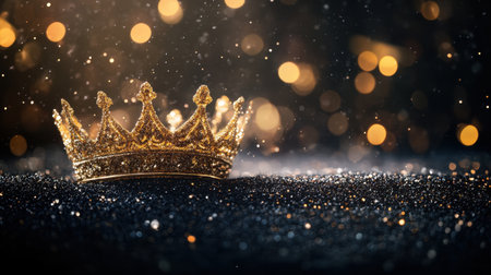 A stunning golden crown rests on a dark surface, surrounded by shimmering bokeh lights. This image embodies luxury, elegance, and celebration, perfect for various festive themes.の素材