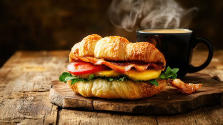 A close-up of a freshly made croissant sandwich filled with bacon, tomato, and egg, paired with a steaming cup of coffee, perfect for breakfast or brunch.の素材