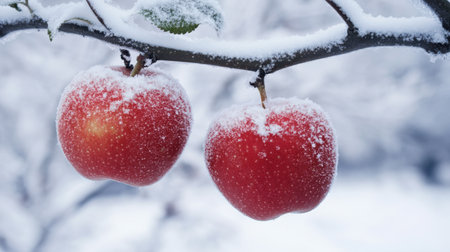 Two bright red apples dusted with snow hang on a tree branch in a tranquil winter setting. The frosty scene captures the beauty of nature's fruits in a cold environment.の素材