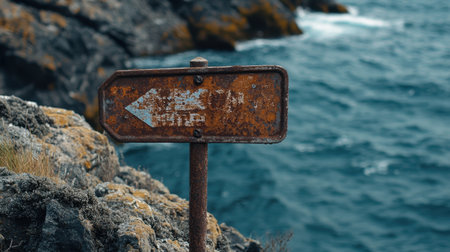 A weathered directional sign stands on a rocky coastline, pointing left towards the ocean. The rusted metal contrasts against the vibrant blue sea, evoking a sense of adventure and exploration.の素材