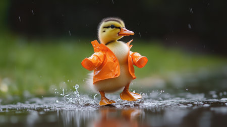 A cute duckling dressed in an orange raincoat joyfully splashes in a puddle, surrounded by greenery. This charming scene captures innocence and playful moments in nature.の素材