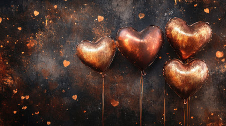 Four shiny heart-shaped balloons in copper and gold tones float against a sparkling background, perfect for romantic occasions or celebrations of love.の素材