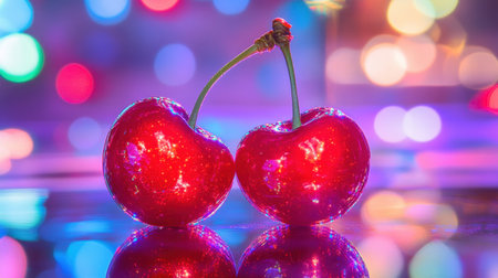 A pair of glimmering red cherries reflect beautifully against a colorful bokeh background, capturing the essence of freshness and vibrant nature. Perfect for food and aesthetic themes.の素材