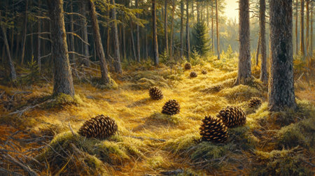 A peaceful forest scene featuring scattered pine cones on sunlit grass, showcasing the beauty of nature in a serene woodland setting.の素材