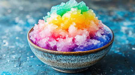 This vibrant bowl of rainbow shaved ice features an array of colorful flavors, perfect for a refreshing summer treat or festive gathering. Ideal for food photography.の素材