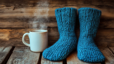 This image showcases cozy knitted blue socks beside a warm cup, exuding comfort and relaxation on a rustic wooden surface, perfect for winter vibes.の素材
