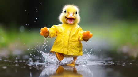 This delightful image captures a cute duckling in a yellow raincoat joyfully splashing in water. Perfect for nature and animal lovers!の素材