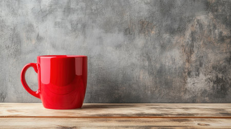 A vibrant red coffee mug rests on a rustic wooden table. The mug's smooth surface contrasts beautifully with a textured gray backdrop, creating a cozy and inviting atmosphere.の素材