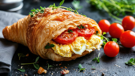 Delight in a fresh croissant filled with creamy egg and juicy tomato, garnished with thyme. This vibrant breakfast showcases gourmet ingredients on a rustic table.の素材