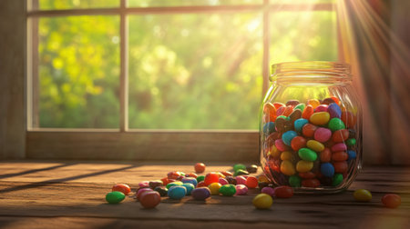 A bright and cheerful jar filled with colorful candies sits on a wooden table, illuminated by soft sunlight streaming through a window, creating a vibrant atmosphere.の素材