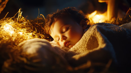 A serene image of a baby sleeping peacefully wrapped in a cozy blanket, surrounded by soft hay and warm lights, evoking feelings of tranquility and innocence.の素材
