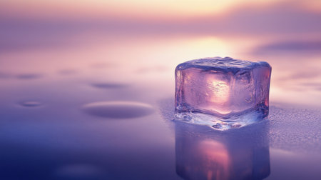 A beautifully captured single ice cube sits on a reflective surface, showcasing soft colors in the background. The image offers a sense of calm and purity.の素材