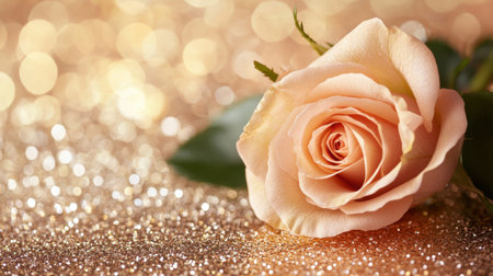 A soft pink rose gracefully rests on a shimmering gold glitter background, capturing beauty and elegance. Perfect for romantic themes or decorative purposes.の素材