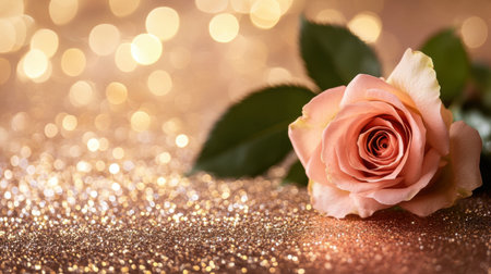 A beautiful pink rose rests gracefully on a glittery surface, surrounded by soft bokeh lights. This elegant image evokes feelings of romance and tranquility, perfect for various themes and visuals.の素材